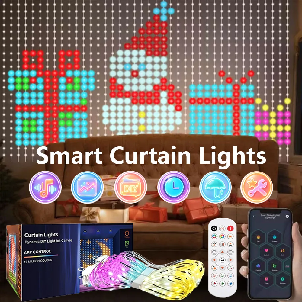 400LEDs Smart Curtain Lights App Control LED String RGB Fairy Lights USB DIY Text Pattern Music Change Display Party Room Decor