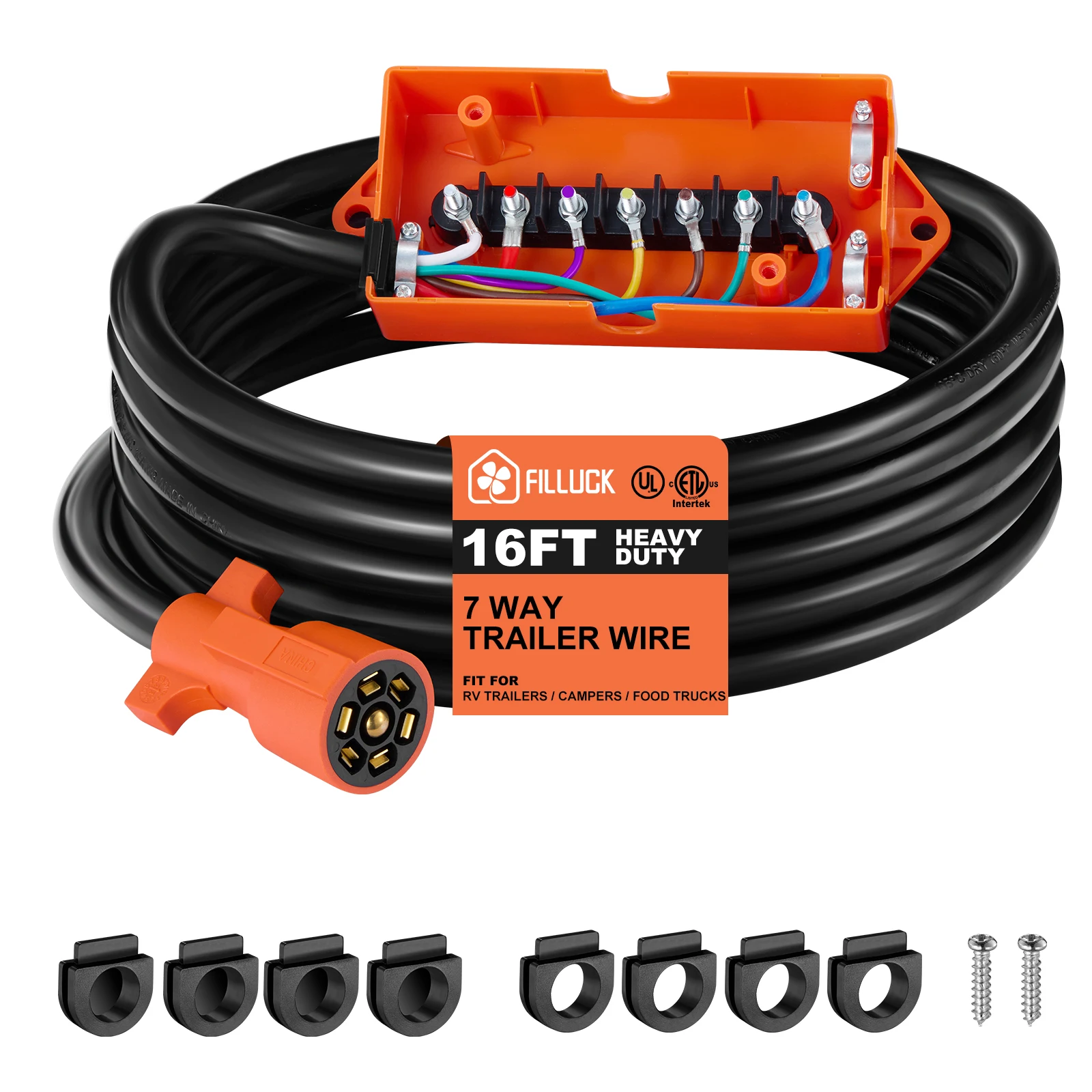 

Double Prongs Connector, 7 Inline Trailer Cable for SAE Standard -16 Feet SAE 7 Way Trailer Plug with Junction Box