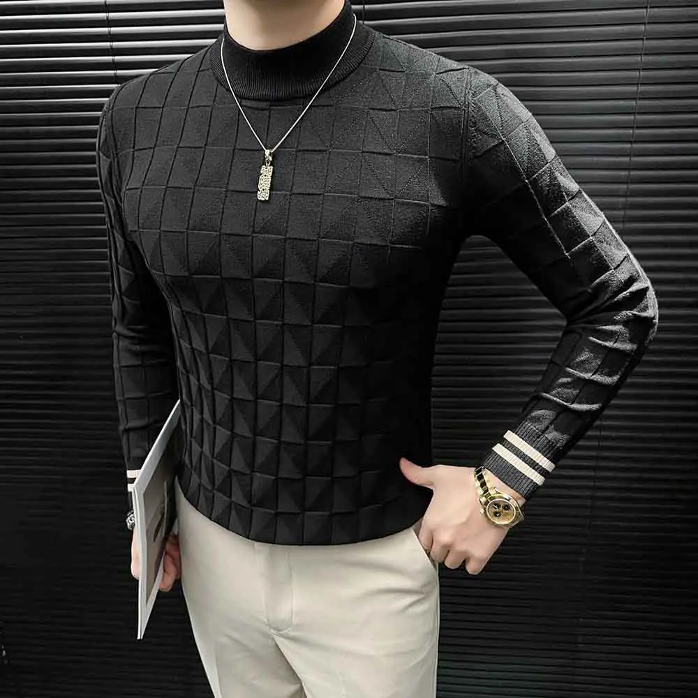 Mens Sweater Spring Geometric Texture Slim Fit Warm Knitwear Fashion Youth Campus Casual Versatile Long-Sleeved Top Men'S Wear