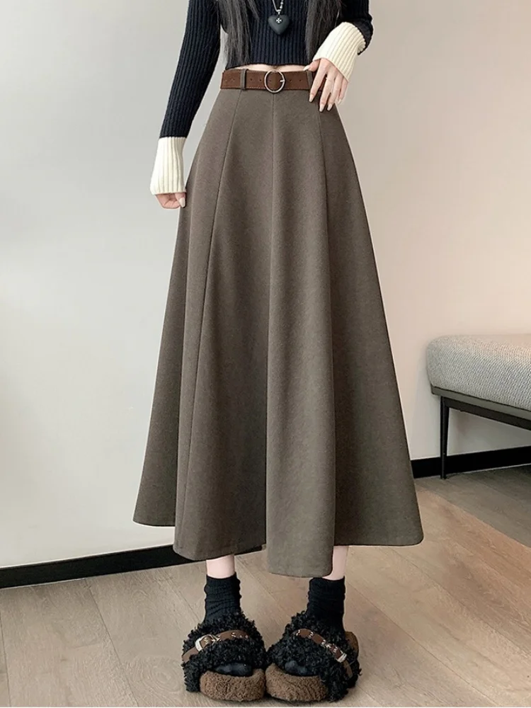 

Корейская новая осенне-зимняя утягивающая юбка средней длины, женская толстая шерстяная юбка трапециевидной формы, большая распашная юбка-зонтик с поясом