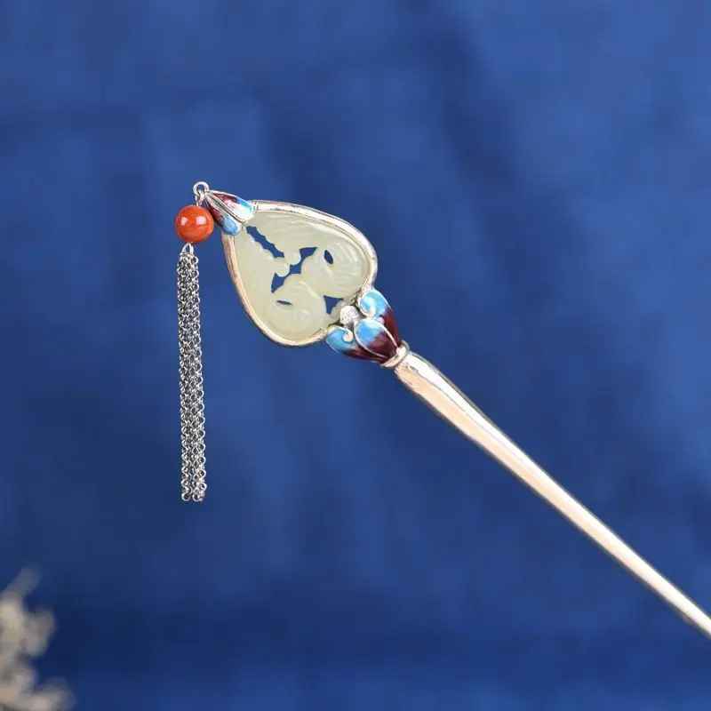 New Chinese Ancient Palace Blue Enamel Hairpin with Hetian Jade Mandarin Ducks Long Tassel for Women Traditional Wedding Gift