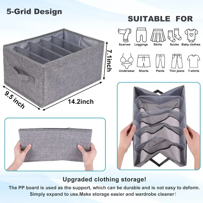 Large Size Foldable Clothes Organizer Cotton Linen Wardrobe Drawer Organizer Closet Pants Jeans Storage Box with Dividers Handle