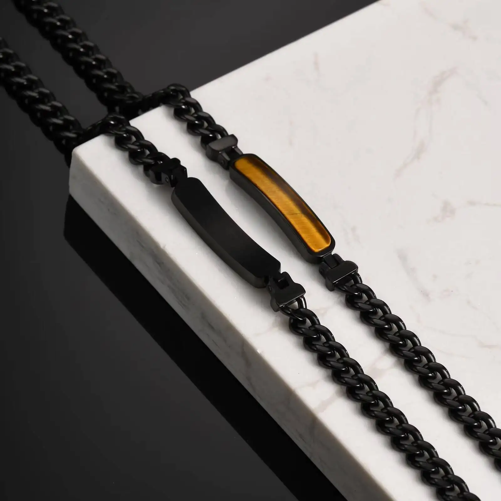 Vnox Stylish Natural Tiger Eye Stone Bracelet, Men's Black Stainless Steel Chain Bracelets for Male Boy Jewelry Birthday Gifts