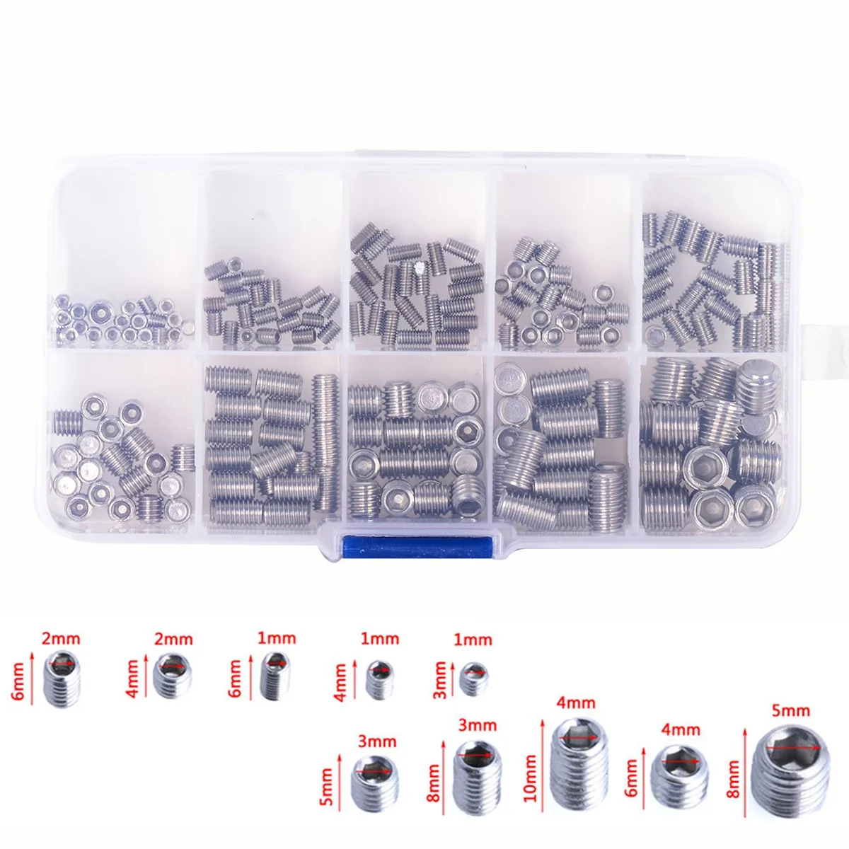 200pcs Stainless Steel Hex Socket Set Screw Grub Screws Cup Point Assortment Kit M3-m8 With Plastic Box