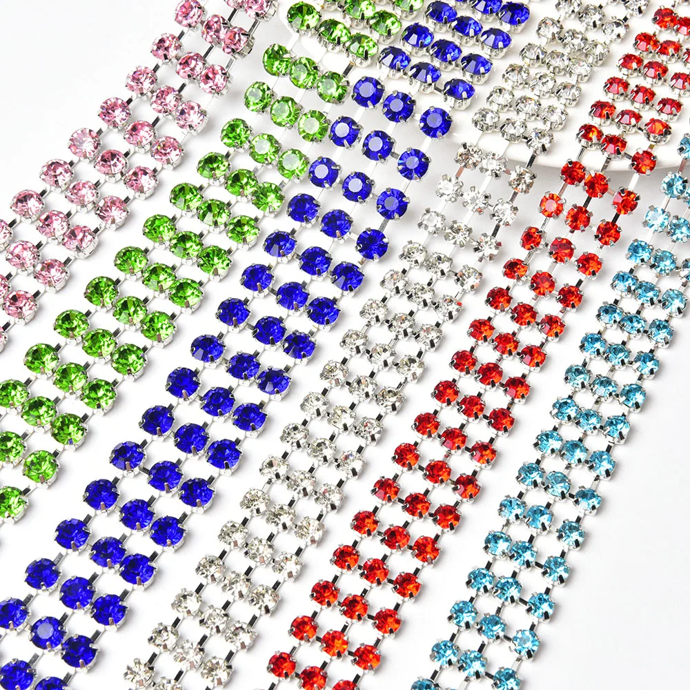 3 Rows Dense Crystal Rhinestone Trim Chain Round Glass Diamond Sew On Shoe Clothing Wedding Crafts Diy Decoration Belt