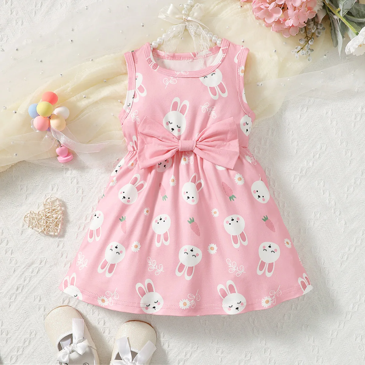 Summer baby girl small rabbit printed pink bow cute sleeveless dress baby girl cute fashion casual dress