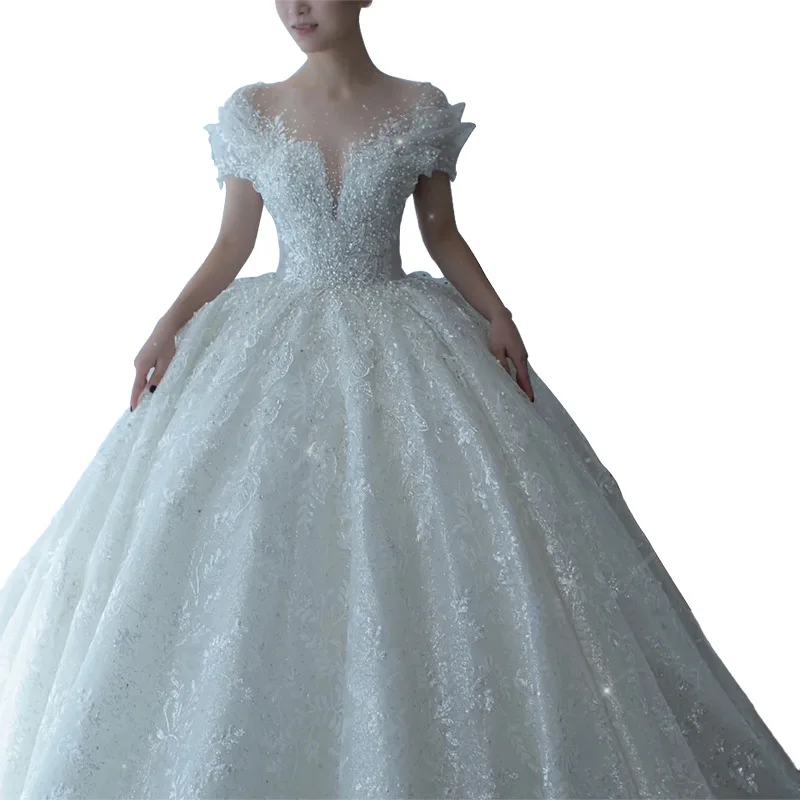 LYG-D102 # Vestido de novia francés 2025, nueva cola de princesa nupcial, vestido de novia de lujo, tamaño personalizado, bordado de malla de gasa