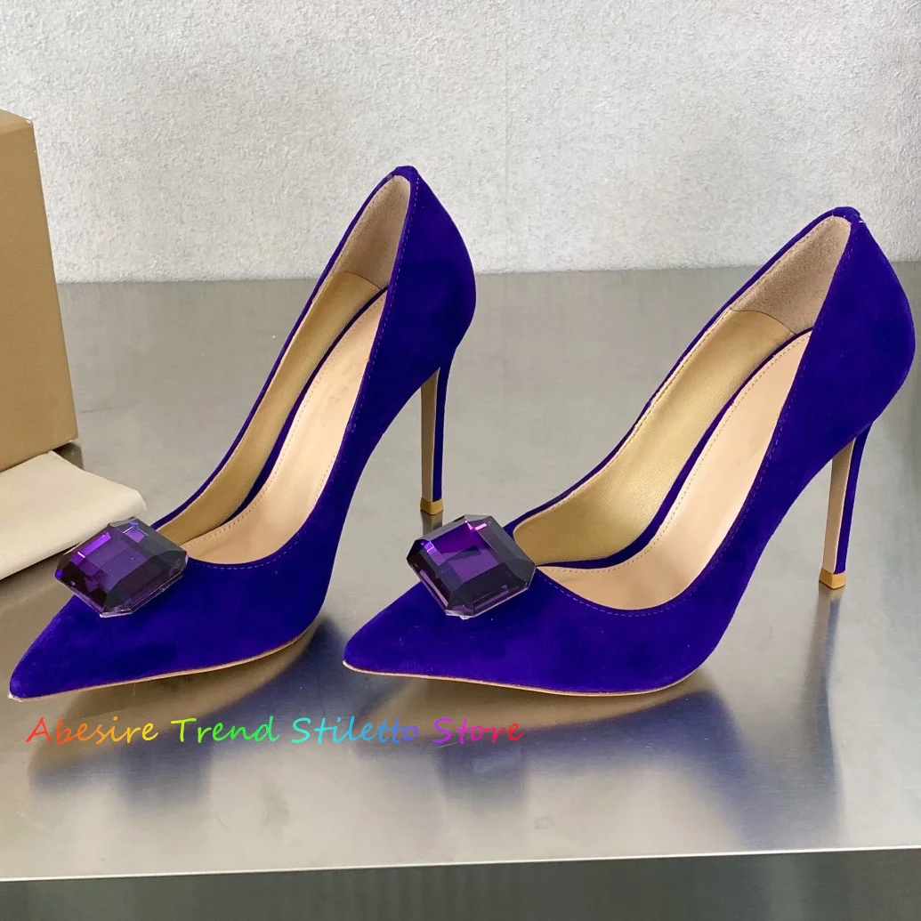 Big Rhinestone High Heel Pumps Women Pointed Toe Shallow One Step Versatile Stiletto Single Shoes Fashion Suede Wedding Shoes
