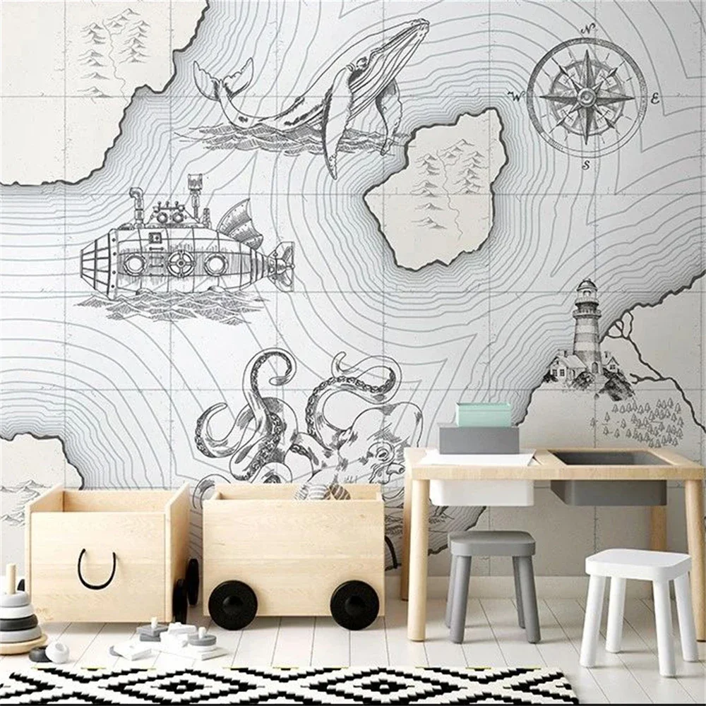 custom minimalist nautical map wallpaper children's room bedroom cartoon childlike mural  bedside background  baby 3D wall paper