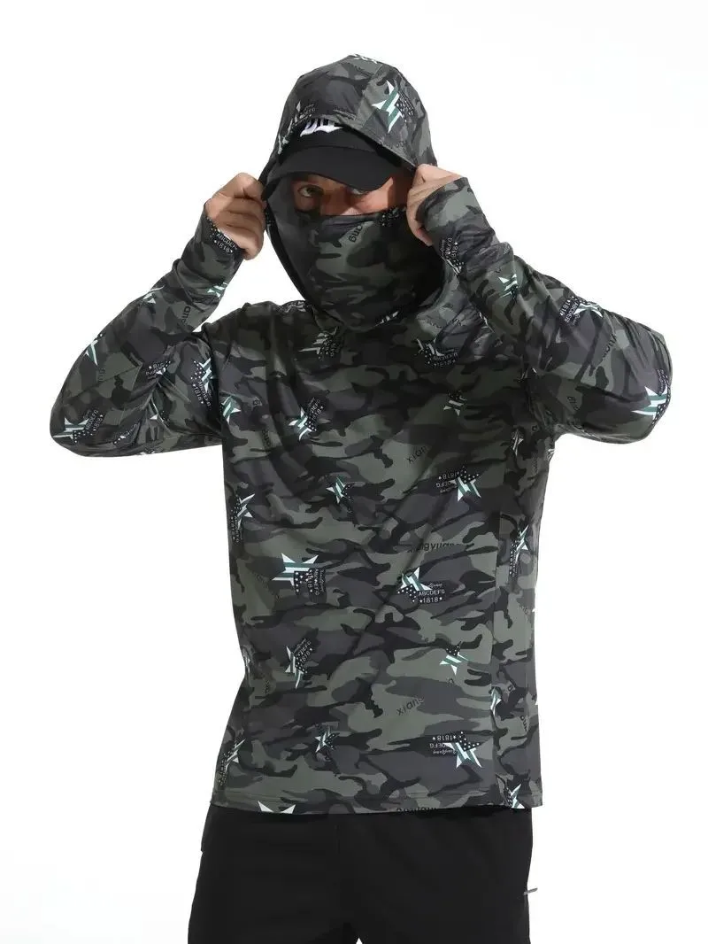 Men UPF50+ Marlin Fish Print Fishing Hoodie With Face Mask Quick Dry Long Sleeve UV Sun Protection Outdoor Fishing Sports Shirt