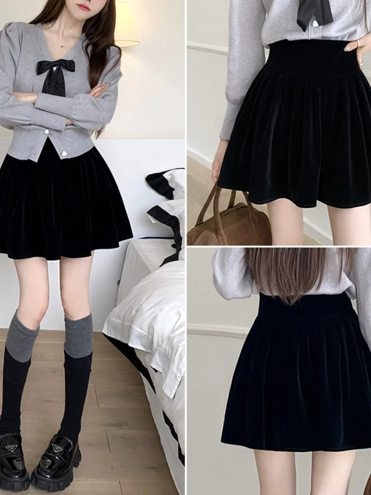 Spódnica damska z wysokim stanem, aksamitna, w kratę, trapezowa, w stylu koreańskim, do pracy, jednolita, codzienna, z wysokim stanem, z włókna poliestrowego.