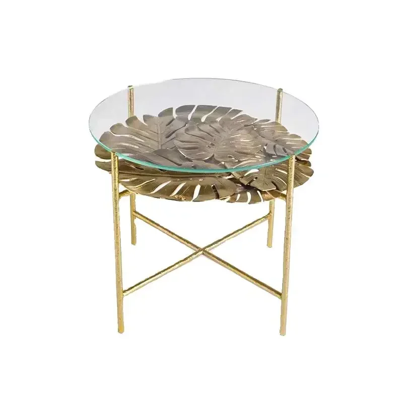 

LJYFG10Italian light luxury pure copper coffee table designer living room high-end glass leaf round corner table