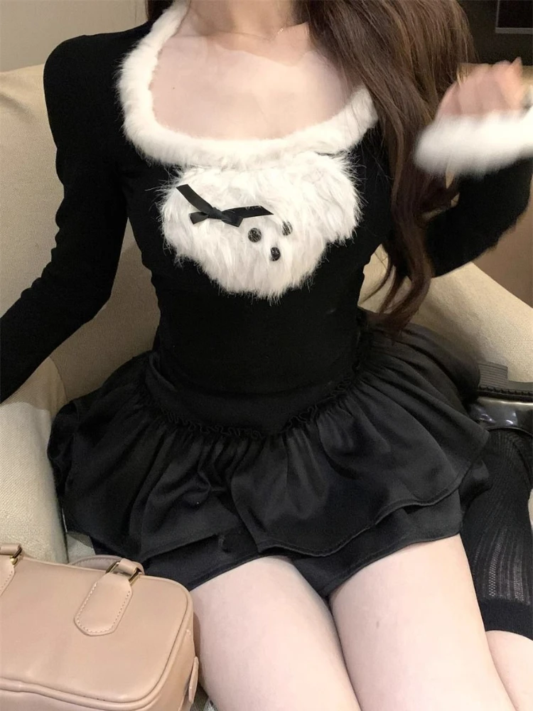 Christmas Sweet Dog Wool Tops Women Autumn Winter New Cute Puppy Long Sleeve T-shirt Black Velvet Casual Base Shirt Winter 2024