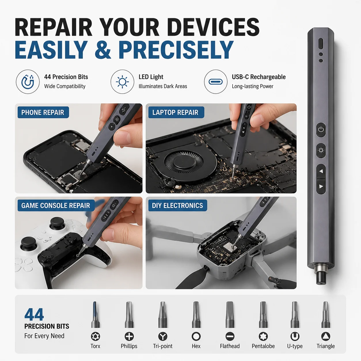 44-in-1 Electric Precision Screwdriver Kit Rechargeable Pen Style Repair Tool Magnetic Bits LED Light for Phone Laptop