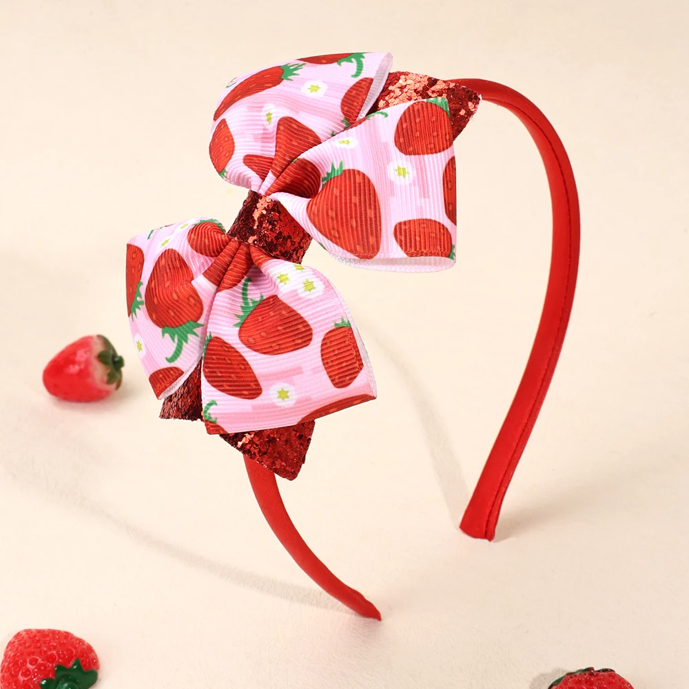 Bandeau imprimé fraise, paillettes pastèque, ruban élastique, nœud, bandes de cheveux pour enfants filles, couvre-chef d'été, accessoires de coiffure