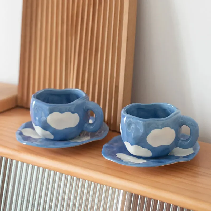 300ML Blue Sky and White Clouds Coffee Cup Tableware Set Hand-painted Ceramic Mug Milk Breakfast Cup Cute Coffee Tableware