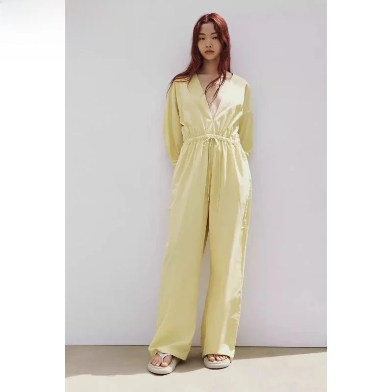 

Spring Autumn 2023 TRF Women's Long Puffy One-Piece Suit V-Ne Cotton Commute Sle mid Waist ket Detail Regular Thin
