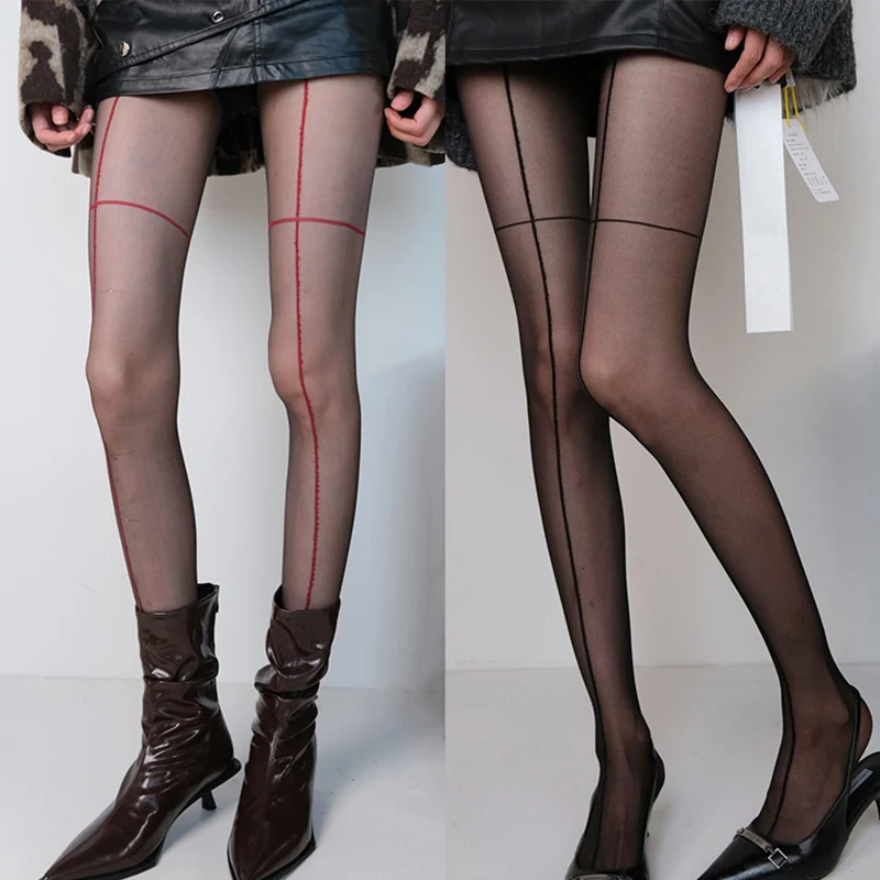 

Женские колготки в перекрестную полоску, сексуальные нейлоновые колготки спереди и сзади, высокие чулки с вертикальной линией, очаровательные сексуальные чулки