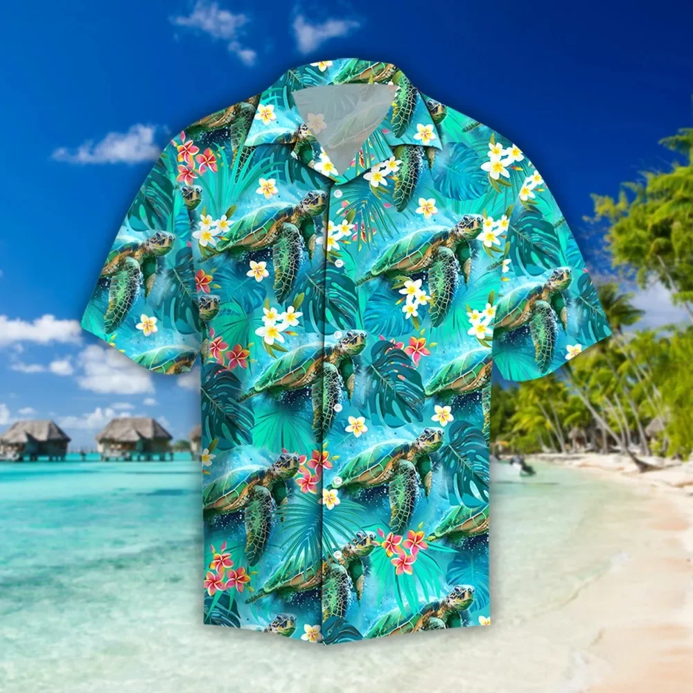 Fashion summer beach short sleeve shirt 3D printing beautiful sea turtle and tropical flower shirt for men Harajuku casual shirt