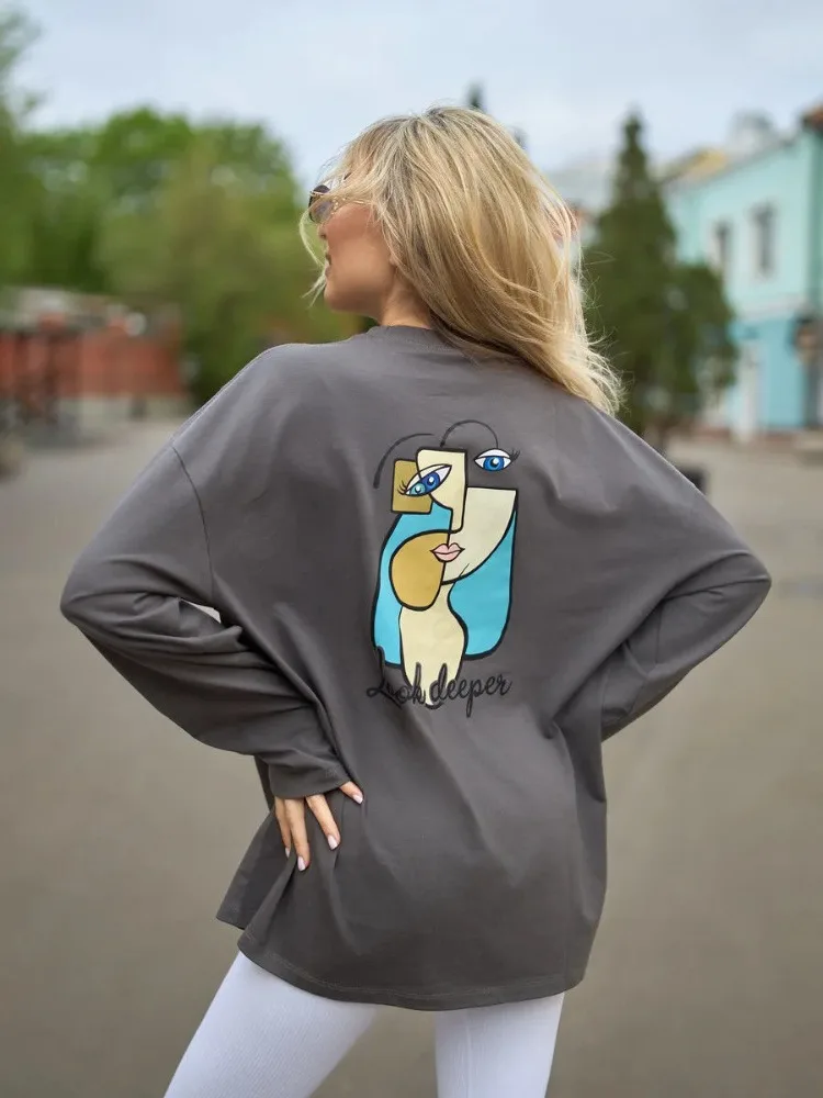 Puro cotone America divertente arte faccia grafica felpa magliette a maniche lunghe pullover sciolto oversize grigio bianco simpatico cartone animato top