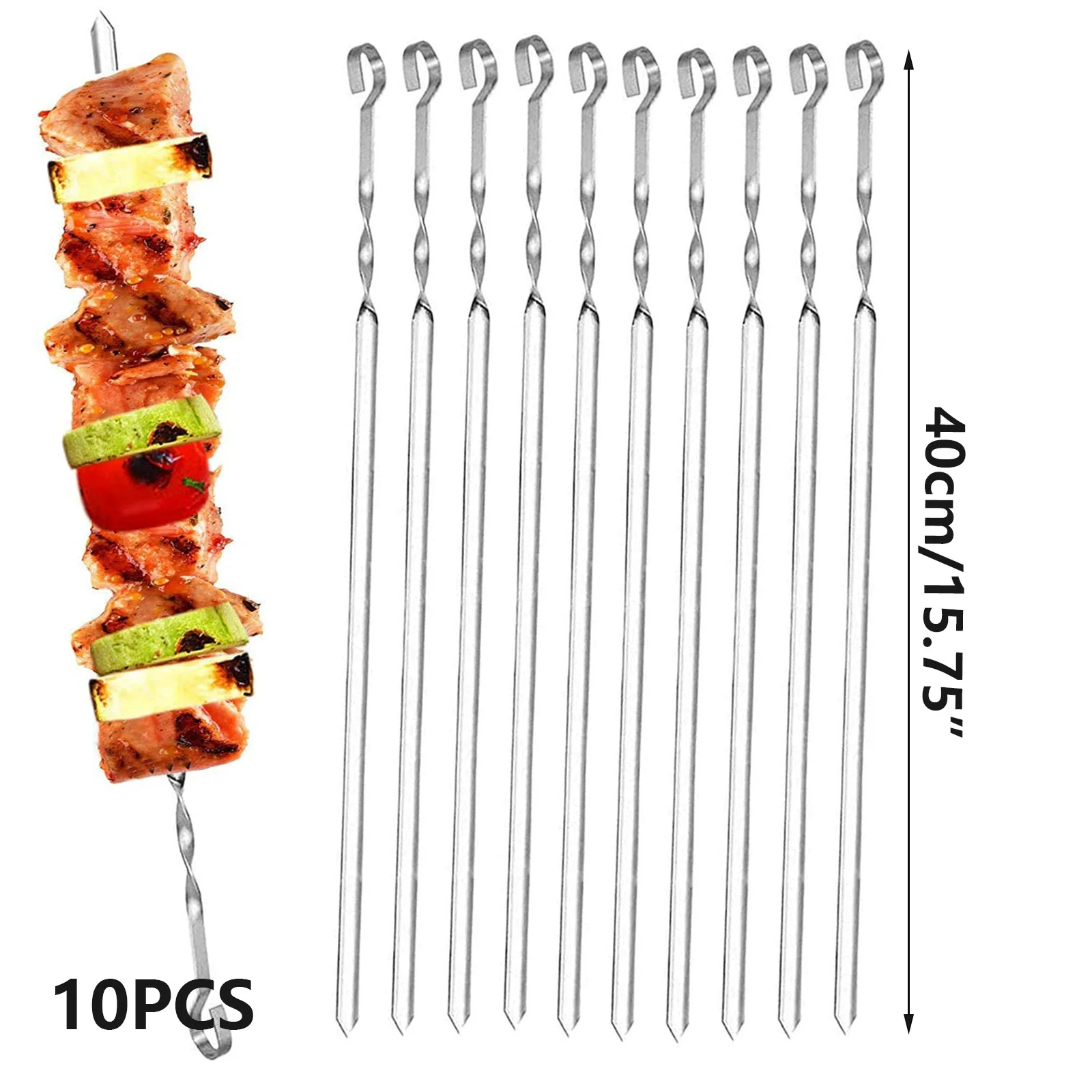 10Pcs Stainless Steel Barbecue Skewer Reusable BBQ Skewers Kebab Iron Stick For Outdoor Camping Picnic Tools Cooking Tools