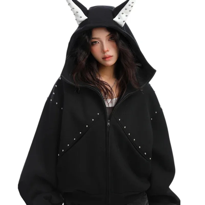 Gothic Punk Studded Animal Ear Hoodie-Asymmetric Patchwork Unisex Streetwear Couple Matching Jacket Goth Grunge Aesthetic Coat