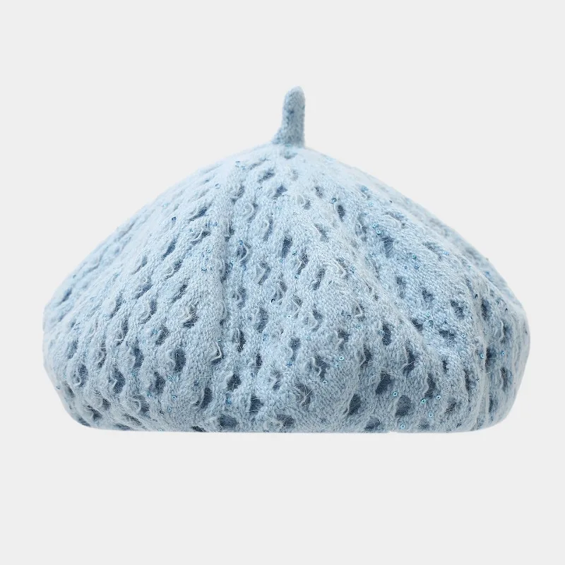Koreanische minimalistische, durchbrochene Strickmütze mit Pailletten, Kürbismütze für Damen, für Herbst und Winter, weiche, lässige Malermütze im literarischen Stil. – Detail 9