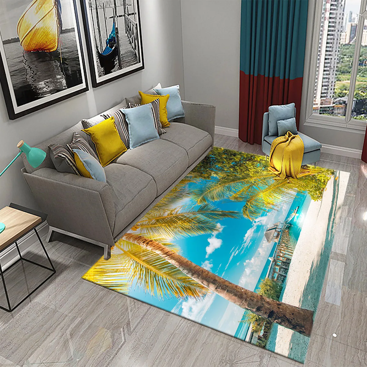 3D Tropical Island Ocean Beach Print Carpet for Kitchen Bathroom Living Room Bedroom Non-slip Absorbent Modern Home Decor Carpet