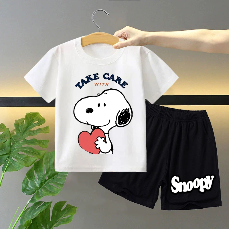 2pcs Snoopyed Short Sleeved Shorts Suit for Children Anime Cartoon Cute T-shirts Pants Set Boys Summer Fashion Clothes Gifts