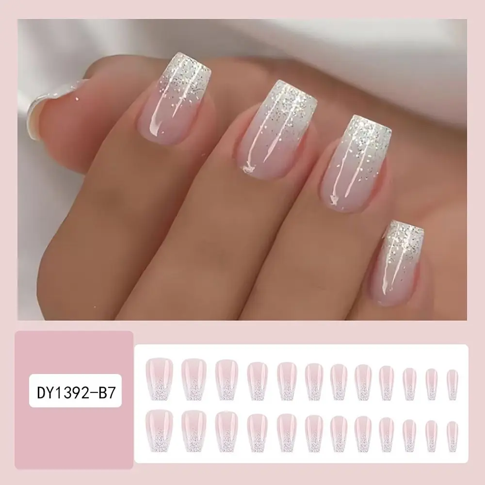 24PCS/BOX Line Rhinrhinos False Nail Gold Tinfoil Gradient Glitter Press on Nails with Jelly Stickers Full Cover Nail Tips