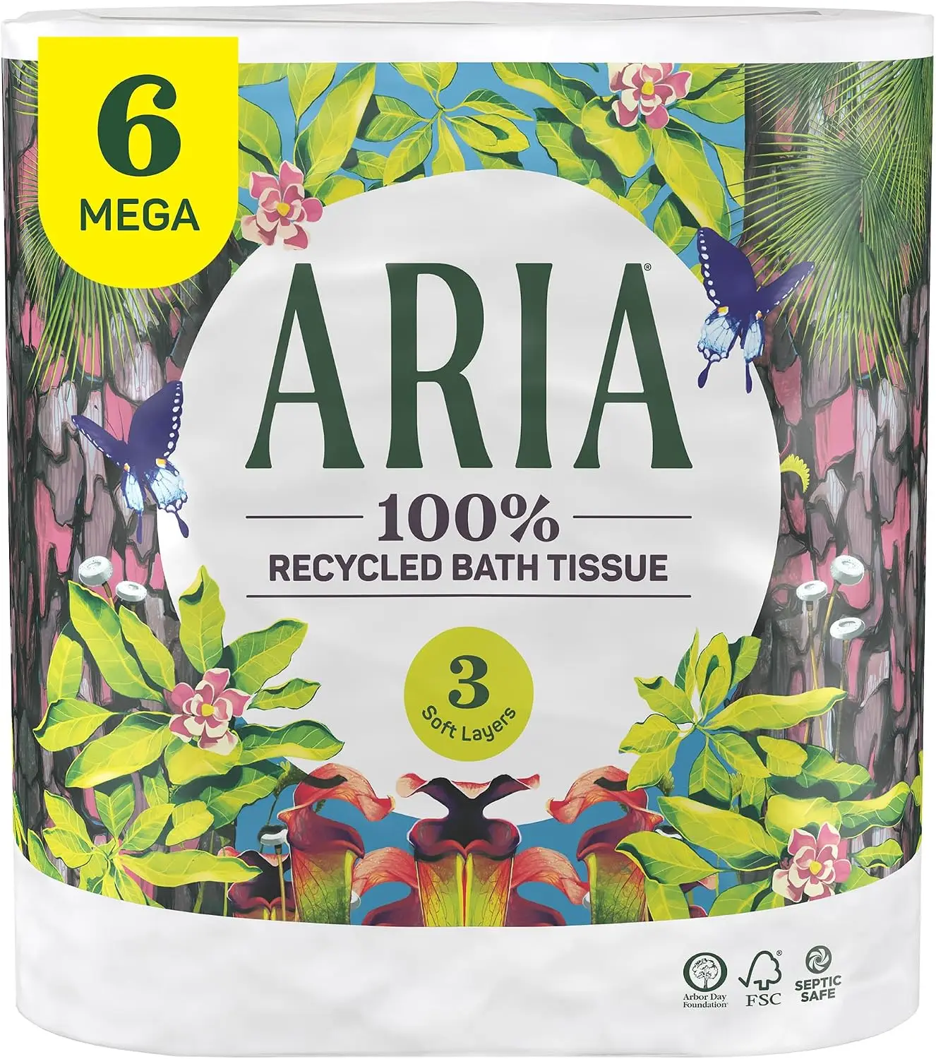 100% Recycled Toilet Paper, 6 Rolls, 3-Ply Soft Bath Tissue, Paper Packaging