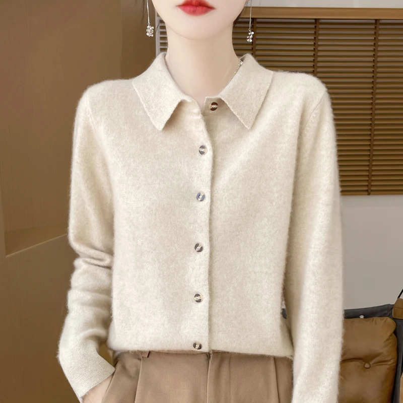여성용 스웨터 100% 메리노 울 폴로 칼라 카디건 니트 따뜻한 자켓 가을, 겨울 느슨한 따뜻한 소프트 캐시미어 스웨터 DMR