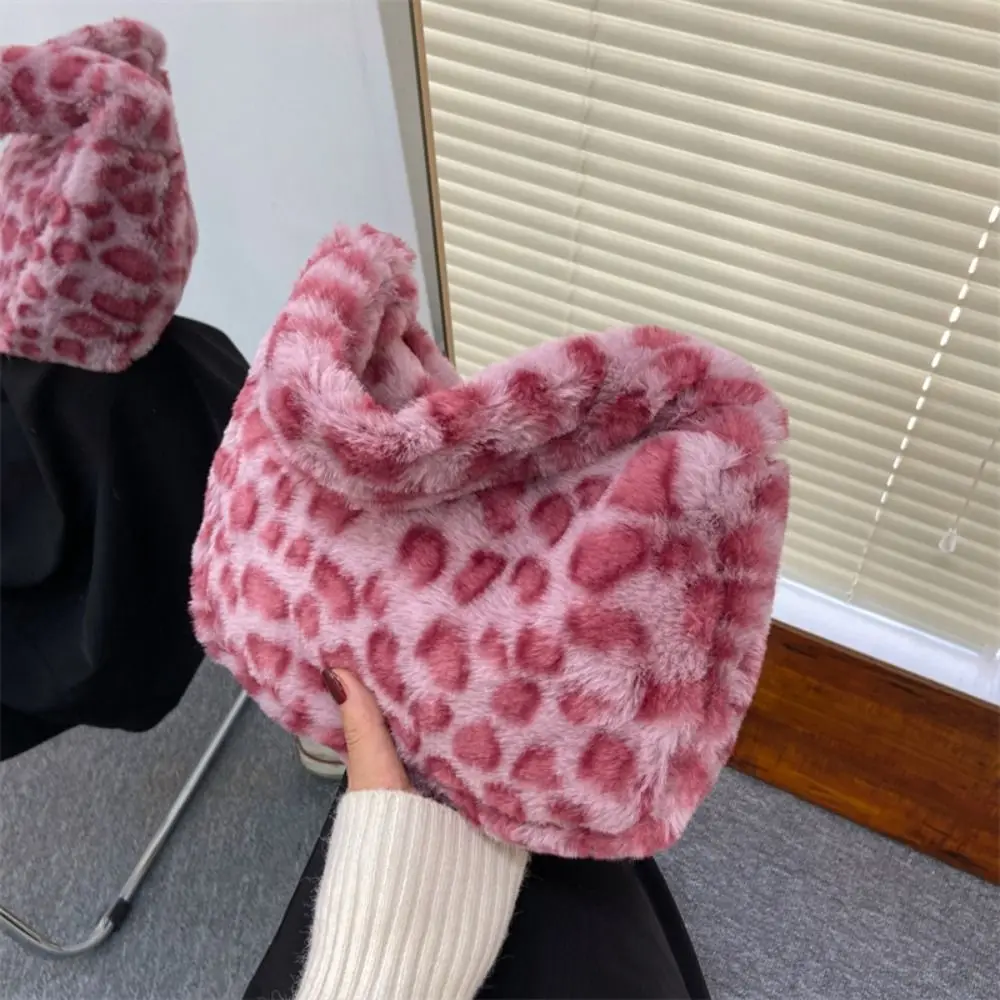 Fashion Leopard Print Shoulder Bag Solid Color Zipper Underarm Handbag Faux Fur Soft Women's Shoulder Bag Winter Season