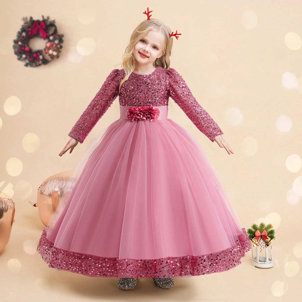 Robe de Noël Verte à Manches sulfpour Fille, Costume de Princesse à Paillettes, Couleur Unie, Élégante, Éducative, pour ixd'Hiver, pour Enfant de 4 à 14 Ans