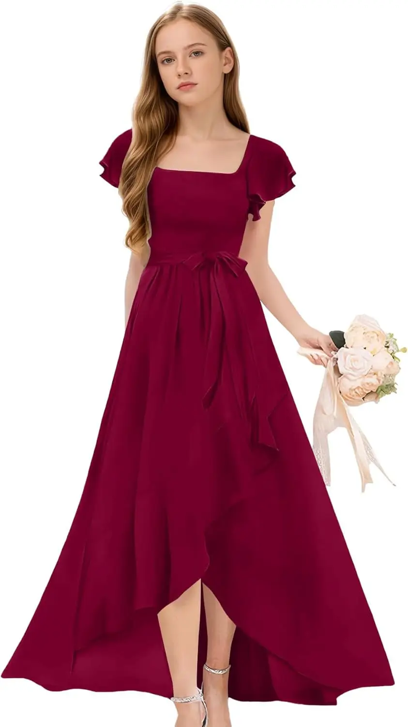 Младшие платья подружки невесты для девочек-подростков, шифоновое платье с короткими рукавами для девочек с цветочным узором, пышные платья для свадебной вечеринки, платье для девочек