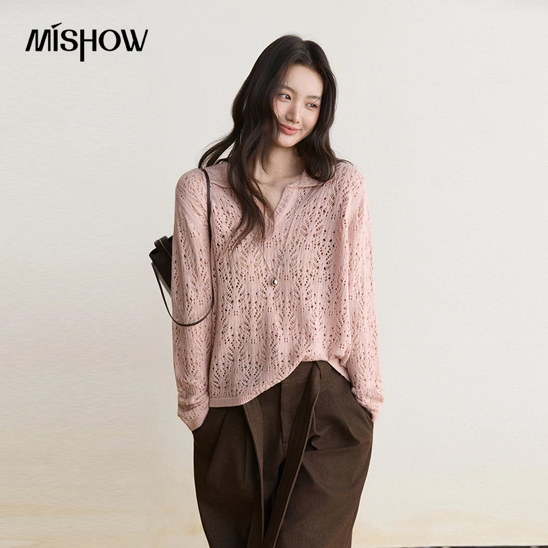 MISHOW Wool Blend Hollow Crochet Knit Sweater 2026 Autumn Korean Lapel V Neck Loose Tops Elegant Long Sleeve Pullover MXF47Z3291