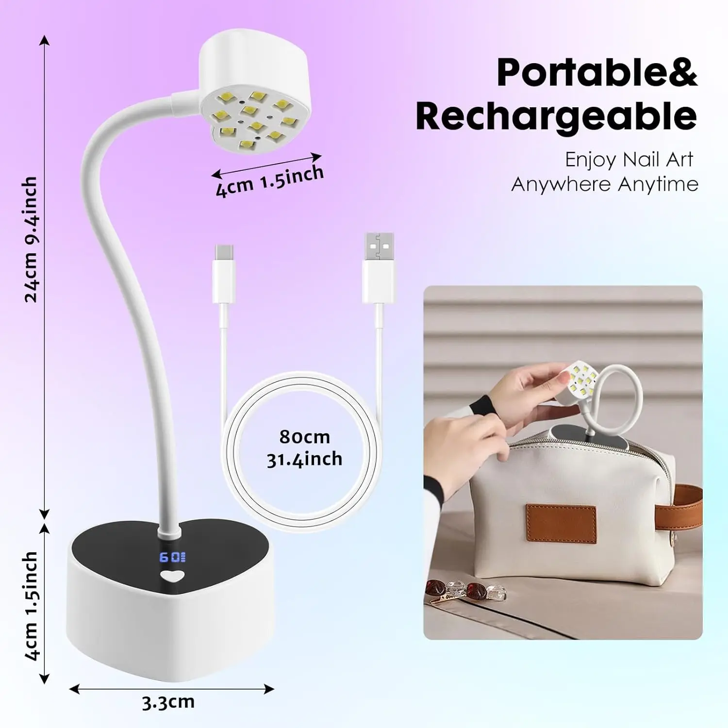 ضوء الأشعة فوق البنفسجية لأظافر الجل 30 وات LED، مصباح معالجة على شكل قلب قابل لإعادة الشحن مع مؤقت ومستشعر تلقائي
