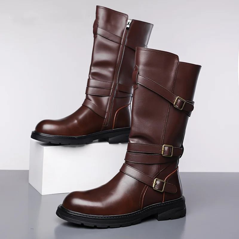 big size men luxury fashion cosplay stage high motorcycle boots black brown genuine leather shoes cowboy long boot knight botas