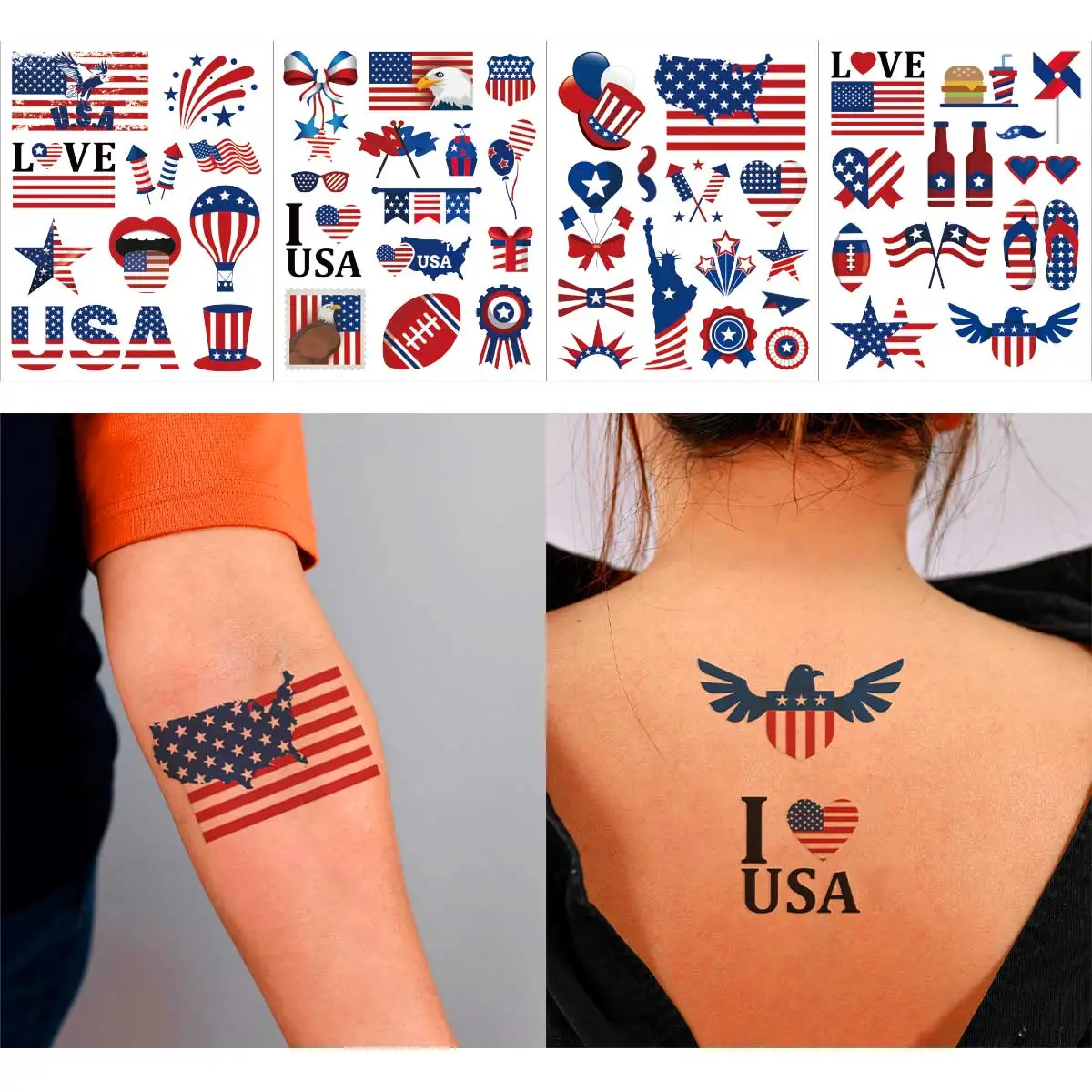 

4pcs Independence Day Tattoos Body Art Waterproof Semi Permanent Decal American Flag Theme Stickers Women Men for Party Dressing