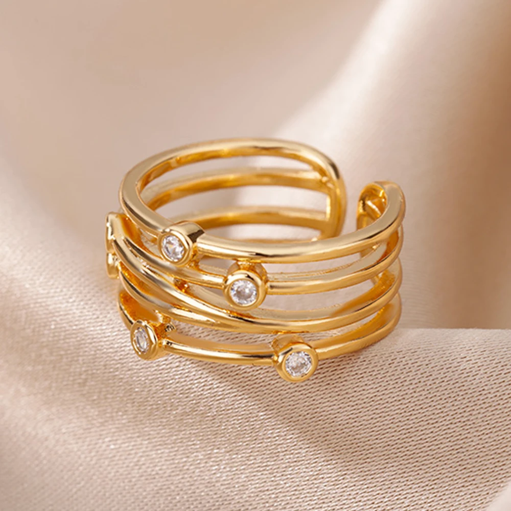 Zircon Multilayer Rings For Women Gold Color Stainless Steel Open Wide Engagement Wedding Ring Female Finger Jewelry 2024 New