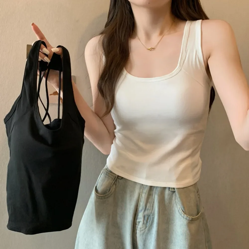 Nuevo verano algodón espalda descubierta Cruz Sling con almohadillas para el pecho ajustado parte de atrás bonita chaleco prendas de vestir exteriores Spice Girl Top corto mujeres