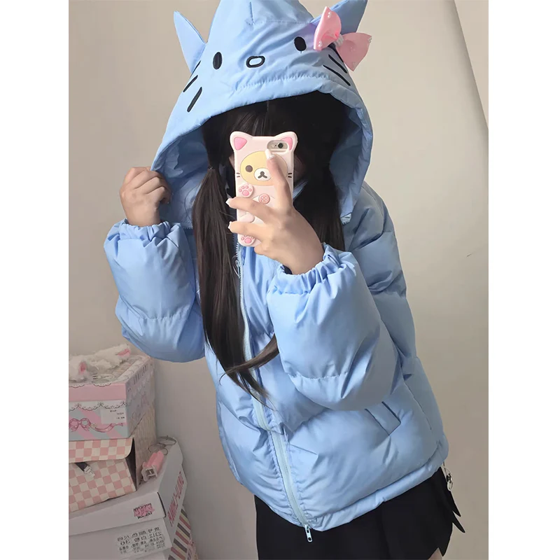 Kurtka damska Hello Kitty, słodka, urocza, haftowana, bawełniana, zimowa, nowa, biała, modna, codzienna, gruba, ciepła, studencka, z kapturem.