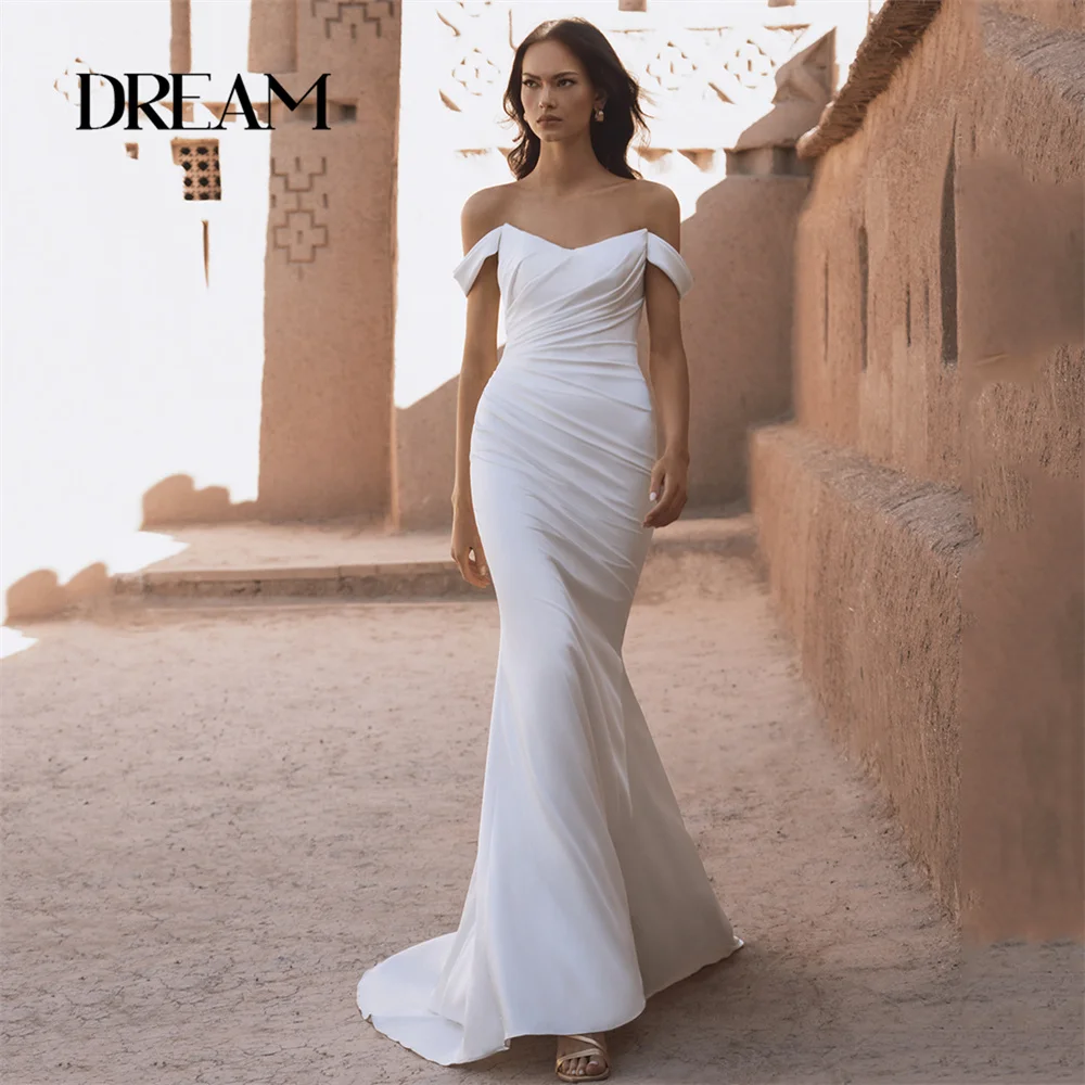 DREAM Elegant Off The Shoulder Mermaid Wedding Dress V-Neck Pleat Open Back Sweep Train Bridal Gown Vestidos De Noiva Customized