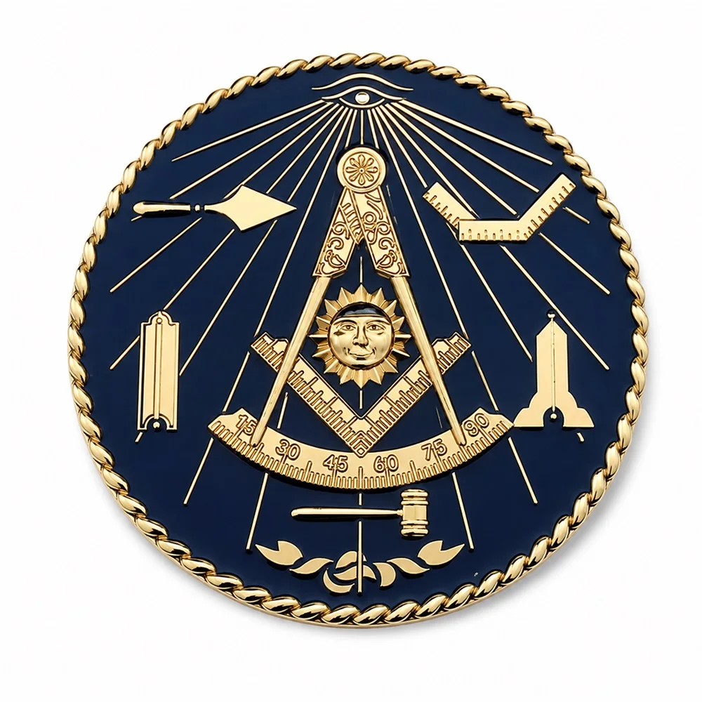 Past Master Tools Masonic Car Emblem Metal Gold Plated Freemason Symbol Car Badge Sticker with Red Adhesive, 3 Inches