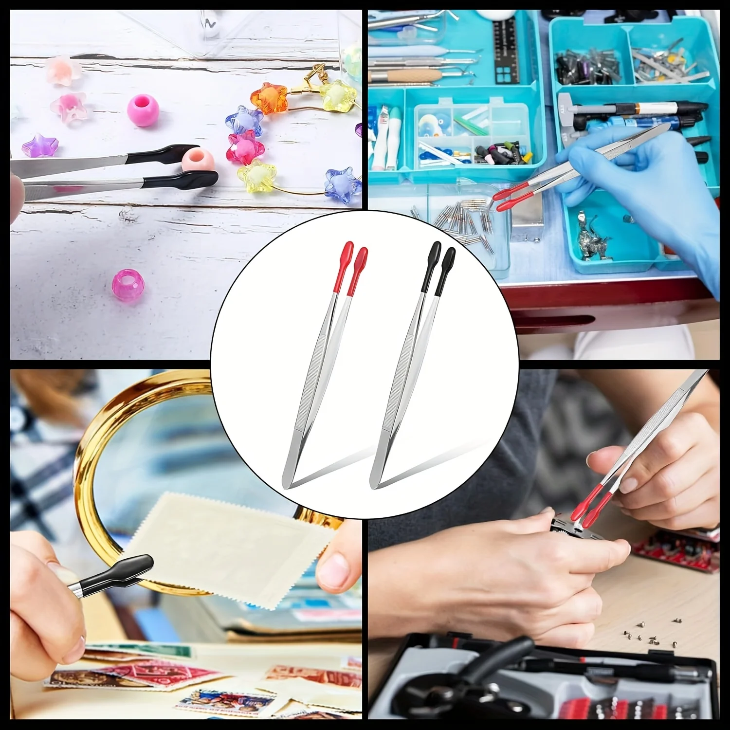 低刺激性ステンレススチールピンセット、シリコンチップ付き、眉毛グルーミングとまつげアプリケーション用、精密フラットチップ、1個