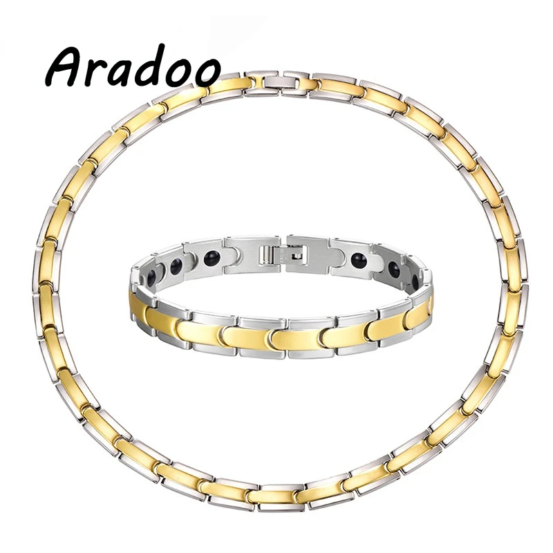 ARADOO Titanium Steel Germanium Health Necklace Bracelet Jewelry Set Magnetic Necklace Bracelet Negative Ion Energy Jewelry Set