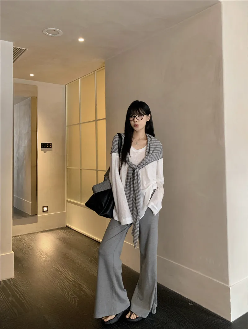 

Ladies' Lazy Style Long Sleeve T-Shirt Set with Stripe Shawl High Waist Flared Pants Three Piece Suit Casual Fashion Spring A...