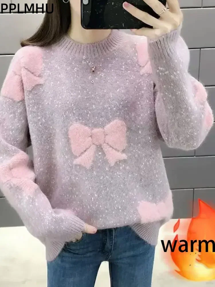 سترة مخملية سميكة بنصف الياقة العالية سترة نسائية محبوكة بفيونكة ناعمة غير رسمية على الموضة الكورية بلوفرات سفلية دافئة فضفاضة