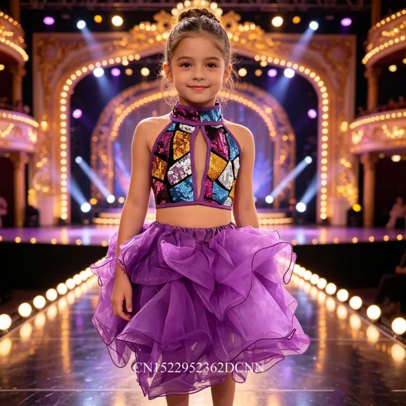 Disfraz de Baile Jazz para Niña, Conjunto de Falda y Top sin Mangas con Lentejuelas, Color Morado, para Ballet, Danza Latina