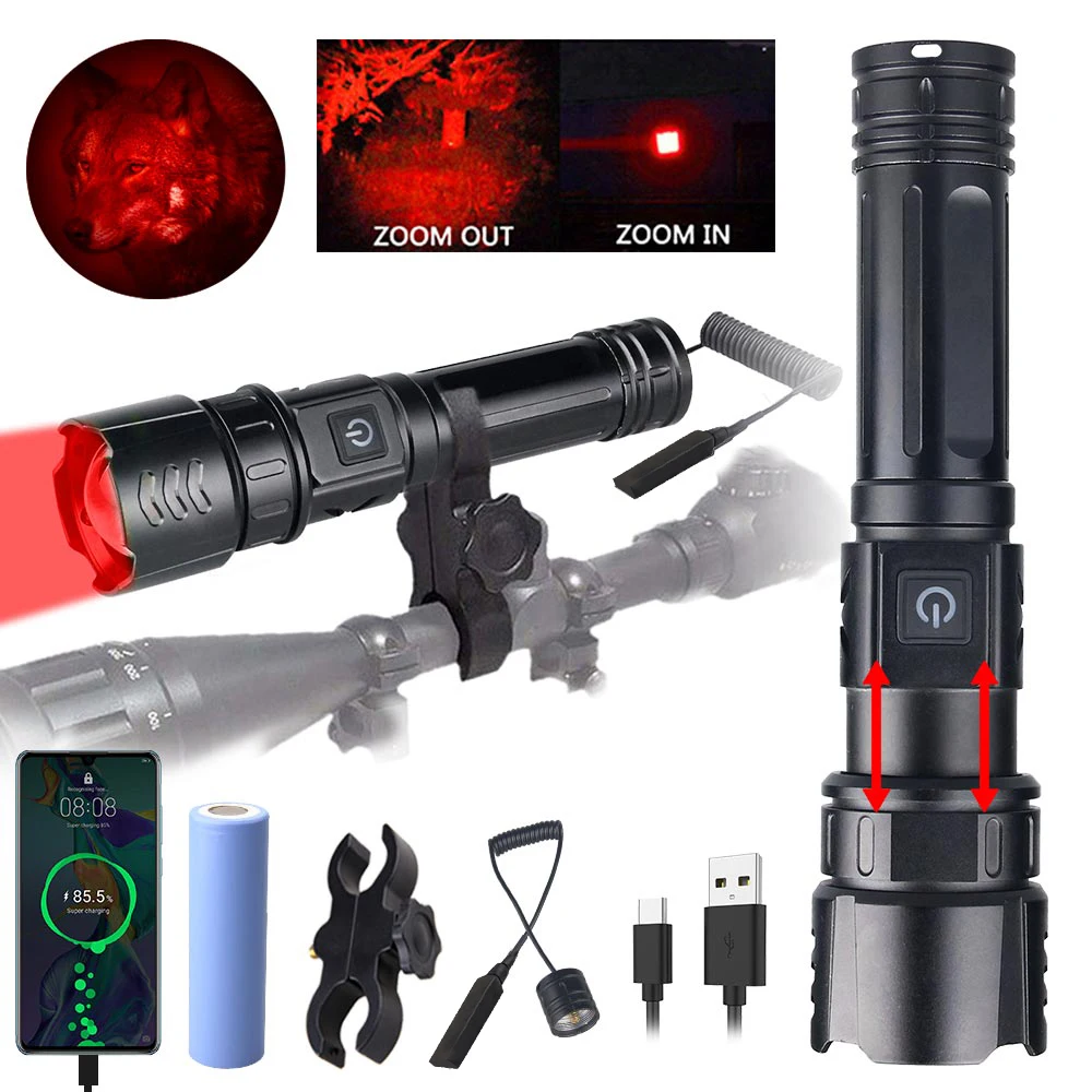 Tactical Green Red LED Toch Adjust Focus Flashlight Type-C Charging Lantern for Hunting Camping with 2400/4500 mAh Battery